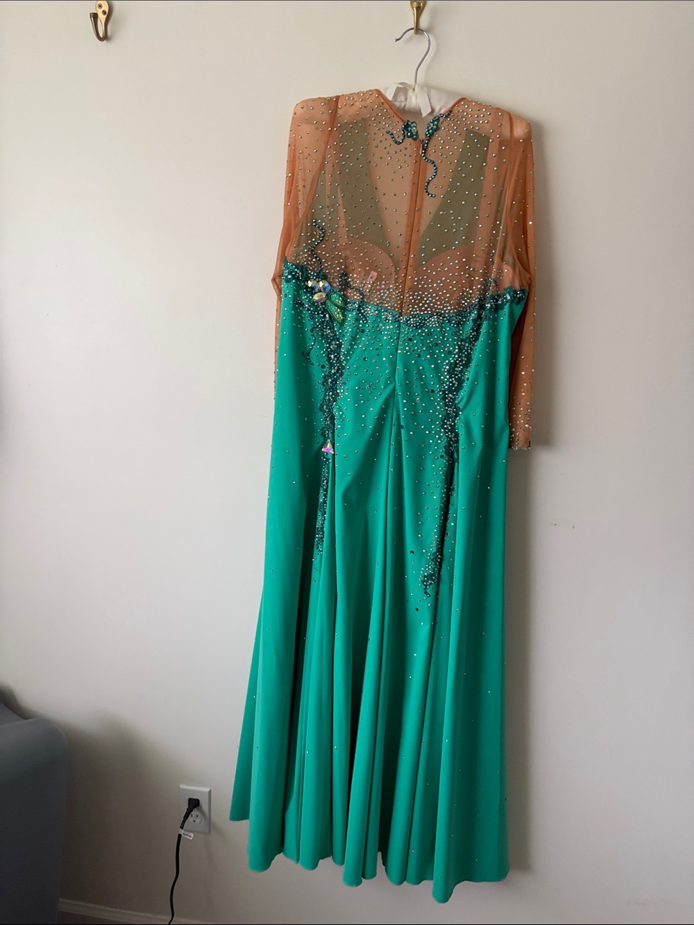 Turquoise Long Sleeve Ballroom Dress with Nude Illusion and Crystal Trim